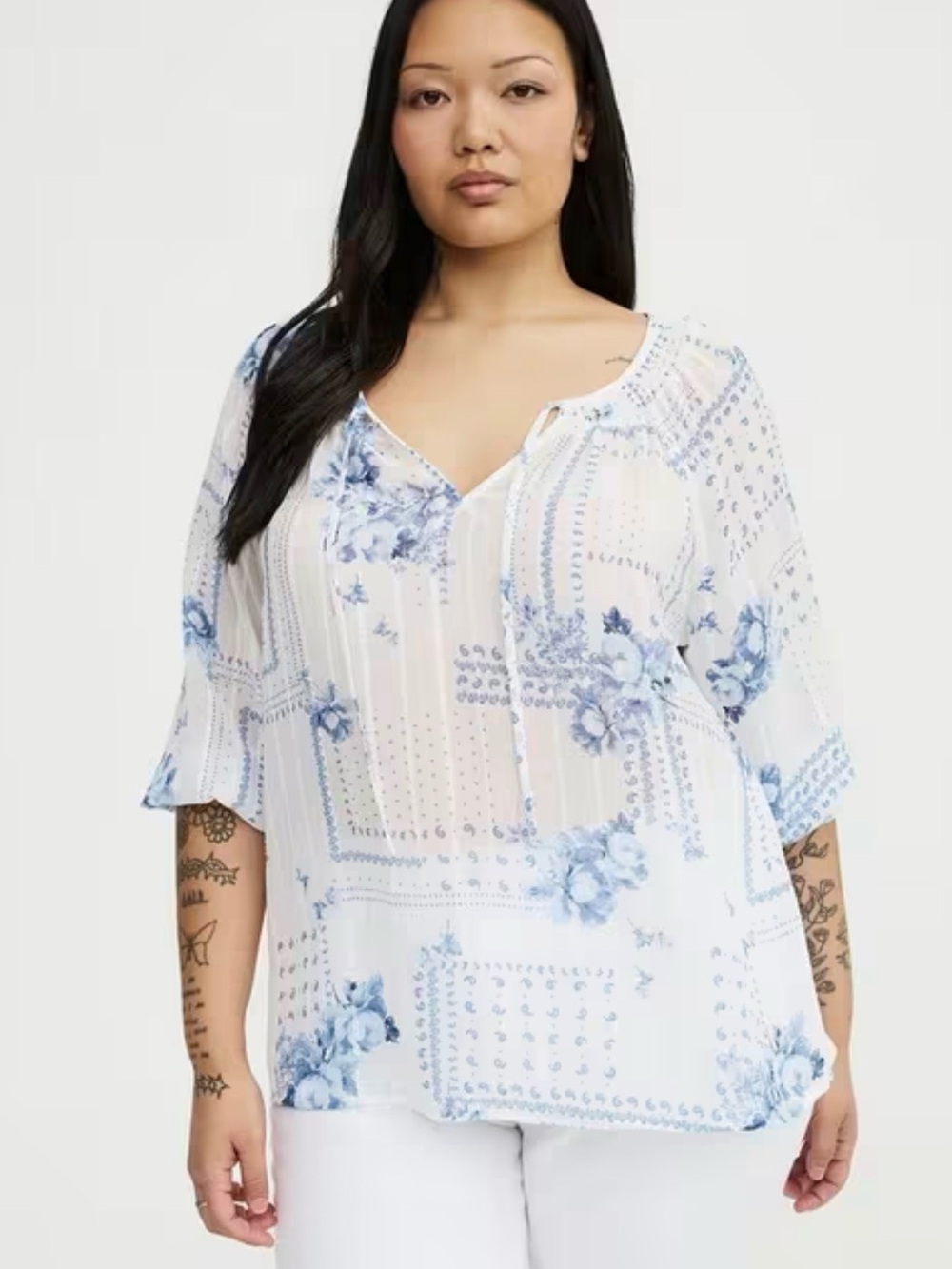 Blue Floral Peasant Blouse